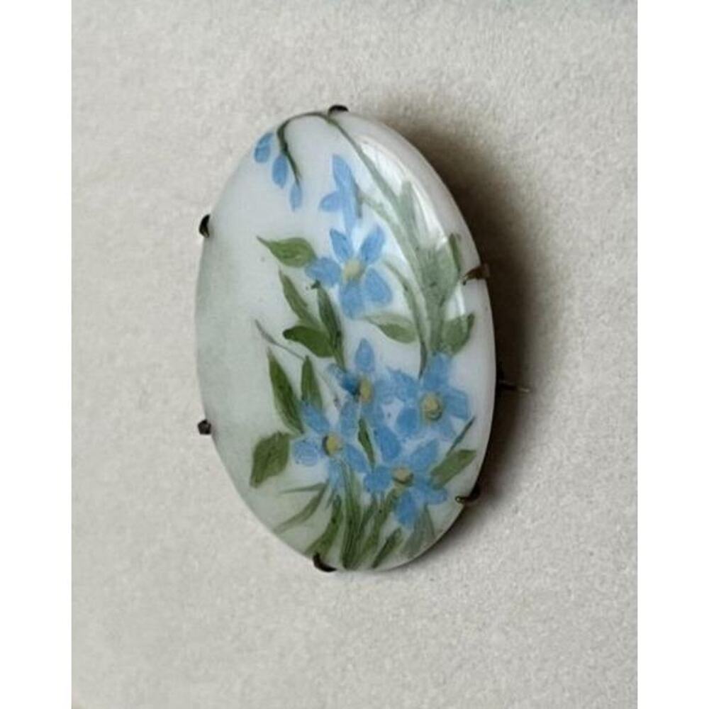 Antique Hand-Painted Porcelain Brooch Oval Blue Floral Forget Me Not - Picture 2 of 9